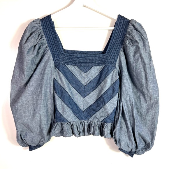 Anthropolgie Love The Label Blue Denim Puff Sleeve Top Size Small - Picture 3 of 9
